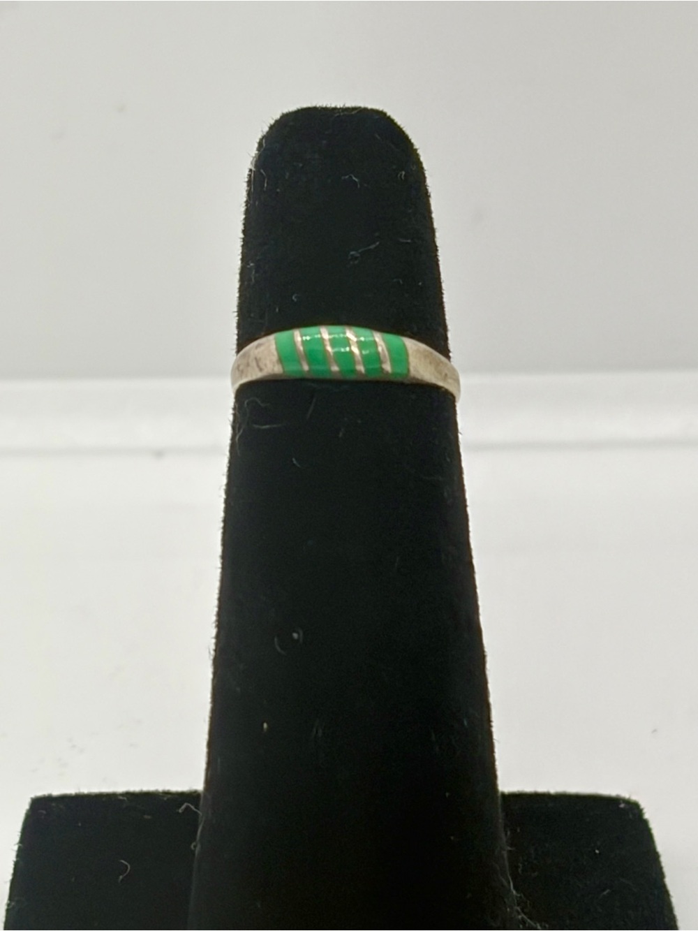 Vintage Sterling Silver Green Enamel Striped Baby Band Ring Size 1.5